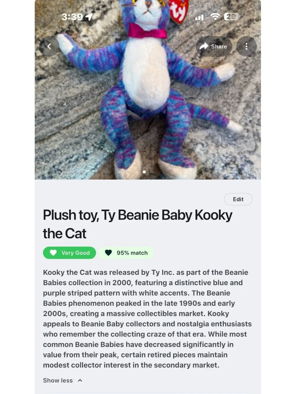 Ty Beanie Baby Kooky the Cat Plush Toy